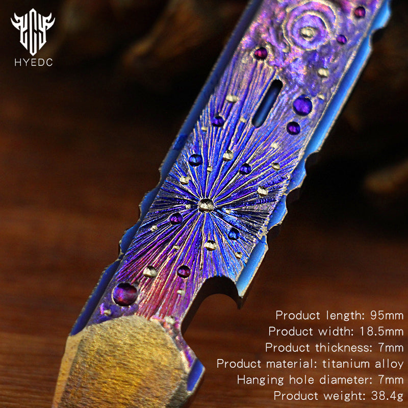 Hand Carving Starry Sky Titanium AlloyCrowbar Outdoor Multi Functional Survival Tool Bottle Opener Keychain Wrench for EDC
