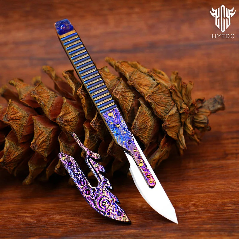Star Sky Hand Carved Titanium Alloy Camping Knife Sharp Folding EDC Keychain Gift Carry-on Safe Sharp Folding Knife