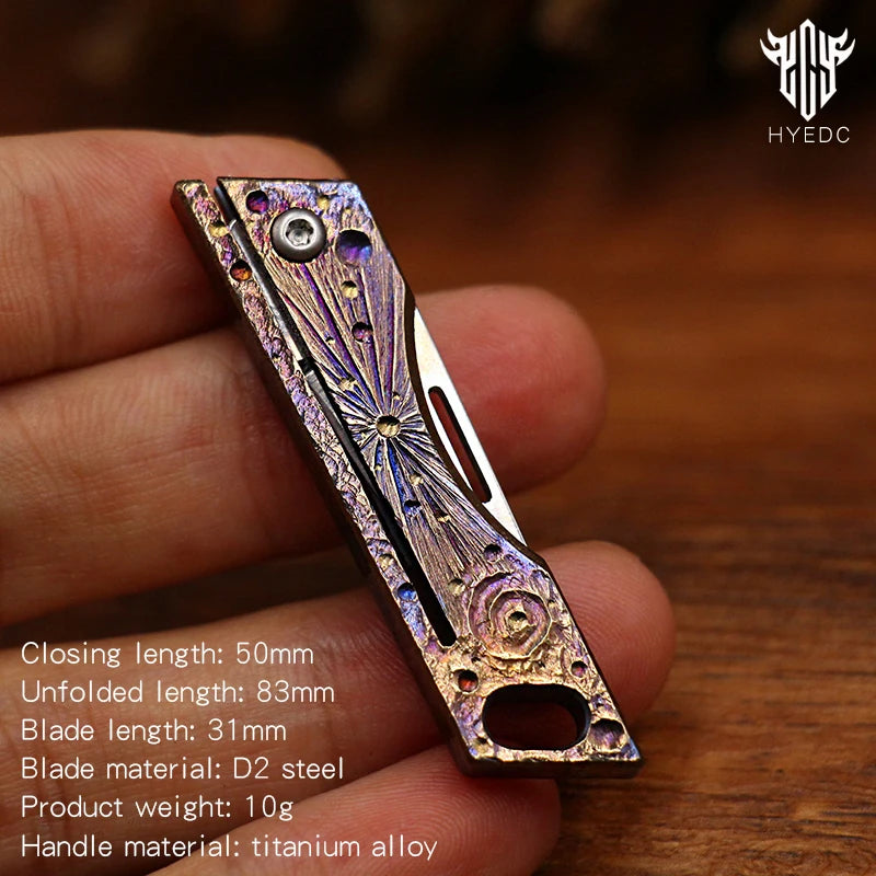 Star Sky Hand Carving Mini Titanium Alloy Camping Knife Sharp Edc Folding Knife Carry-on Keychain Gift Knife Pendant Lette