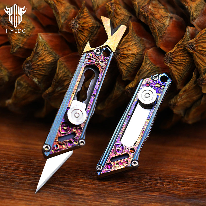 Limited Edition Hand Carving Starry Sky Titanium Alloy Pocket Keychain Small Knife MINI Outdoor EDC Self-defense Tool