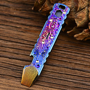 Hand Carving Starry Sky Titanium AlloyCrowbar Outdoor Multi Functional Survival Tool Bottle Opener Keychain Wrench for EDC
