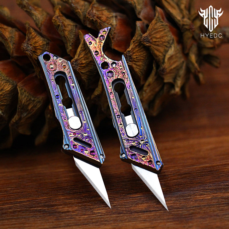 Limited Edition Hand Carving Starry Sky Titanium Alloy Pocket Keychain Small Knife MINI Outdoor EDC Self-defense Tool