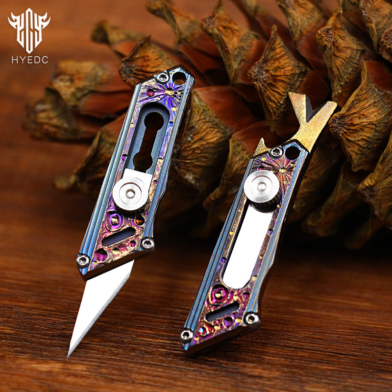 Limited Edition Hand Carving Starry Sky Titanium Alloy Pocket Keychain Small Knife MINI Outdoor EDC Self-defense Tool