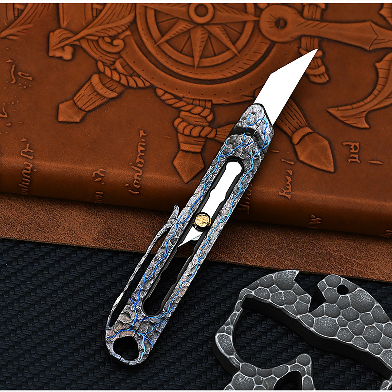 Hand Carving Rock Texture Titanium Alloy Push Knife Multifunctional Pocket Cutter Paper can Replace Blade Art Knife Wallpap EDC