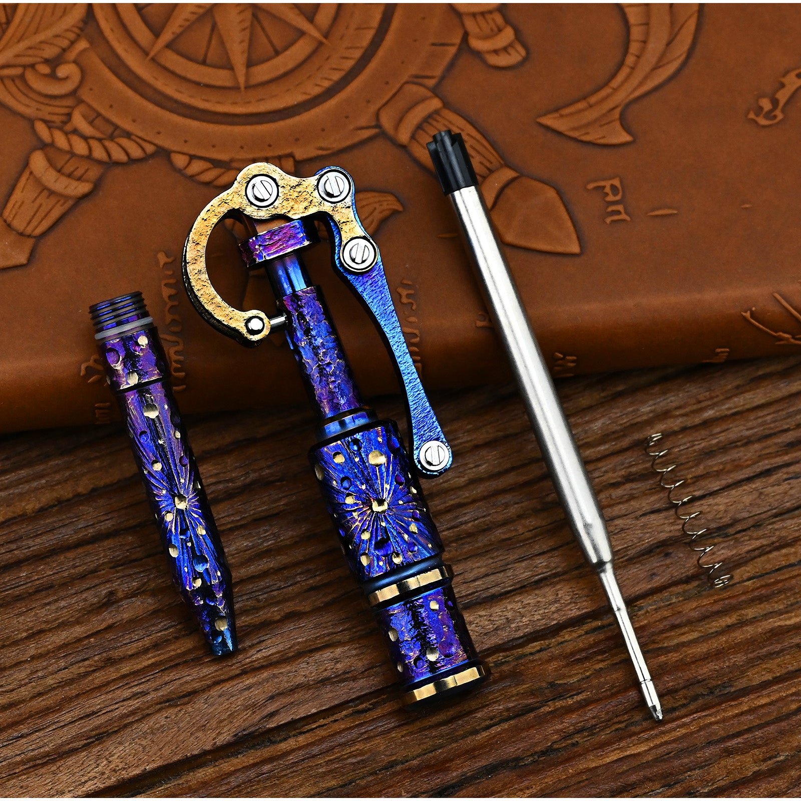 Star Sky Multipurpose Titanium Alloy Tactical Ballpoint Pen Self Defense Writing Tool for Outdoor Mechanical Punk Style EDC