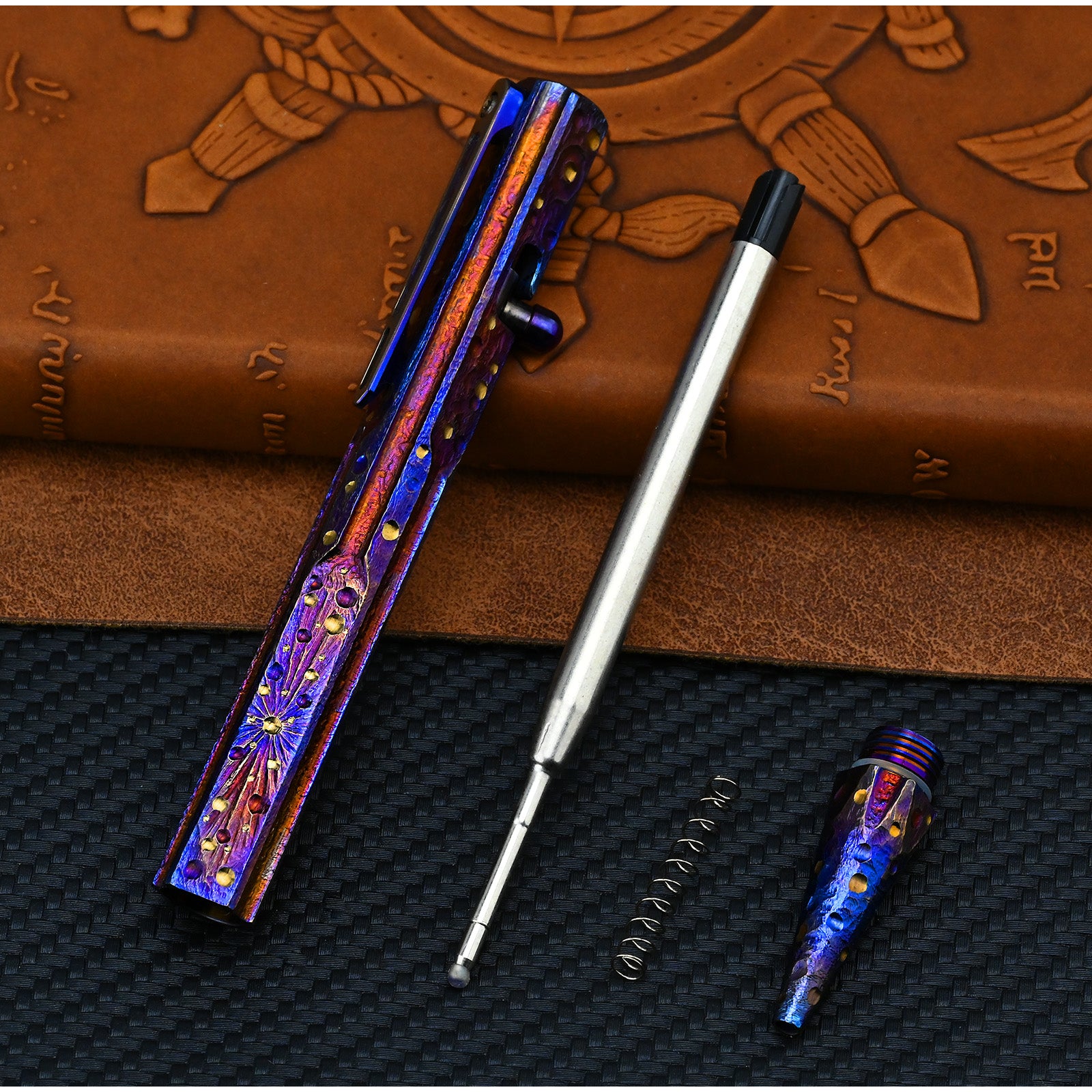 Star Sky Hand CarvedTitanium Alloy Bolt Type Tactical Pen Camping Multi-functional Self-defense Break Windows Pen Signature Pen