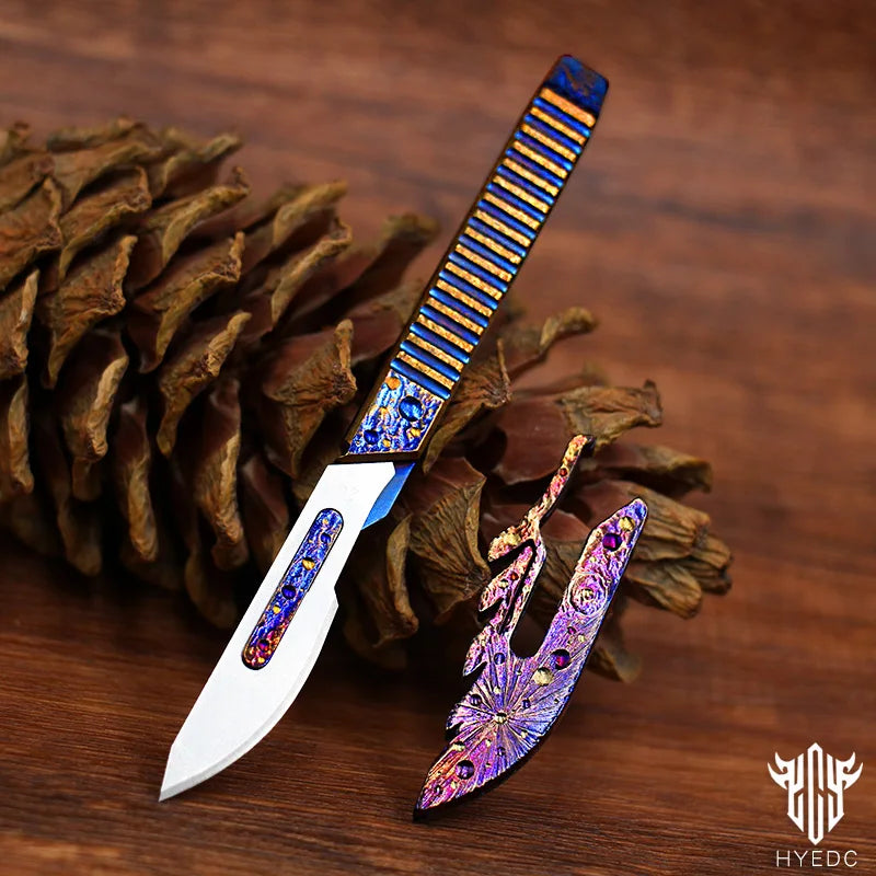 Star Sky Hand Carved Titanium Alloy Camping Knife Sharp Folding EDC Keychain Gift Carry-on Safe Sharp Folding Knife