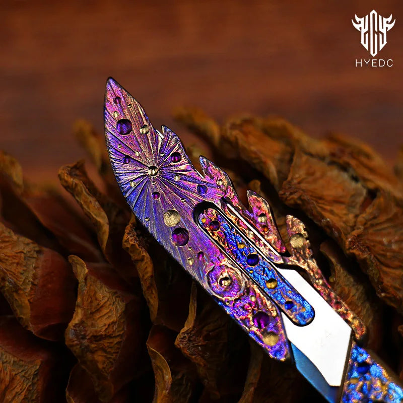 Star Sky Hand Carved Titanium Alloy Camping Knife Sharp Folding EDC Keychain Gift Carry-on Safe Sharp Folding Knife